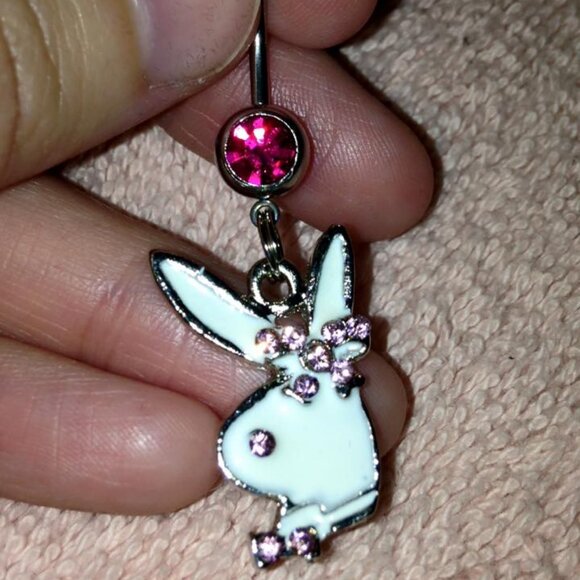 Hot Pink and white Play boy-looking Bunny Dangle Belly Ring - Picture 7 of 9